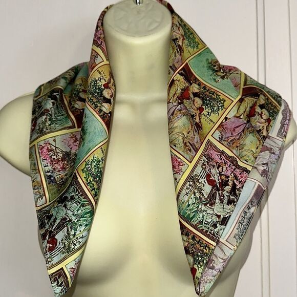 Vtg Renaar-Hollyvogue square polyester scarf with early 1900s pictures or ads - Picture 2 of 12
